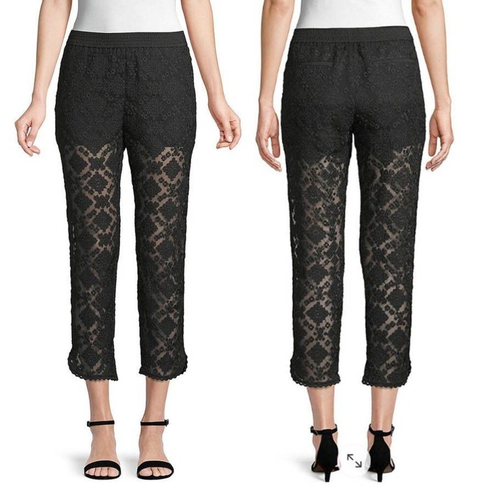 Club Monaco Terry Lace Pants Size 2 Black Silk Blend Embroidered Sheer Scallop